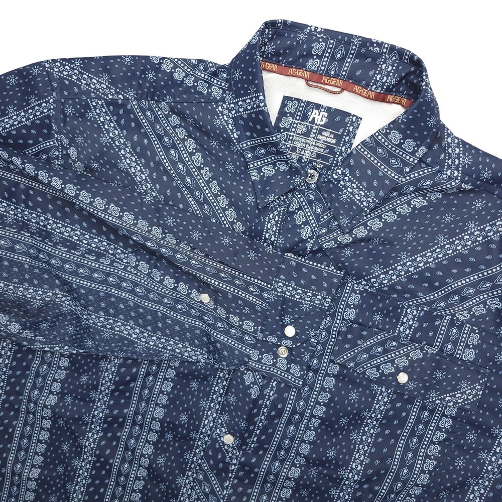 AG Gear Shirt Mens 2XL Blue Paisley Western Long Sleeve Pearl Snap Stretch